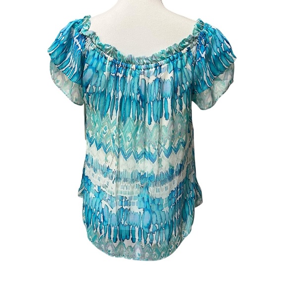 Hale Bob Blue Chiffon Summer Blouse Boho Beachy Coastal Flutter Sleeves M NWT - Picture 5 of 14